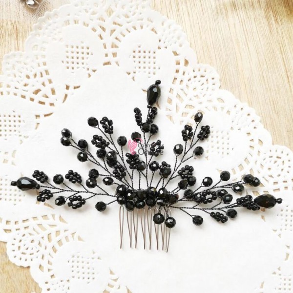 Accesoriu elegant pentru decor par AP013II Argintiu cu cristale Negre deosebite